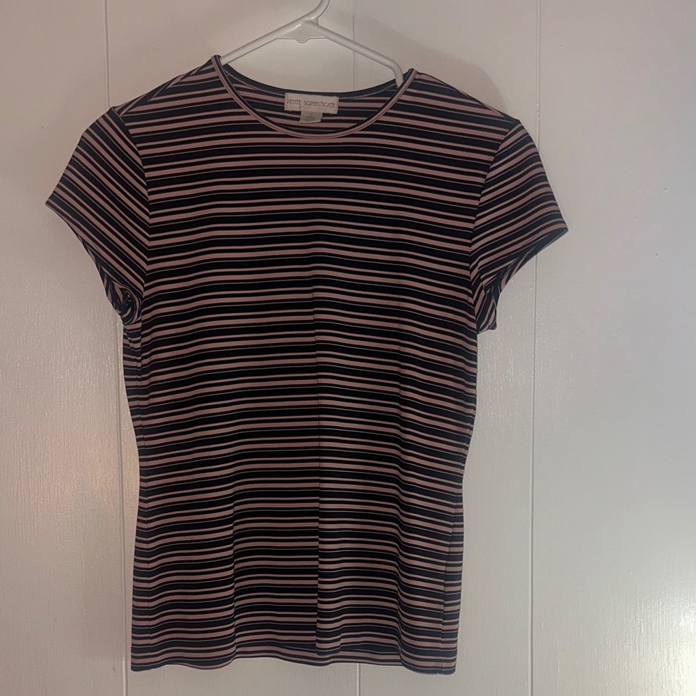 Petite Sophisticate Women's Black and Pink Striped Blouse with Sleeves. Size P.